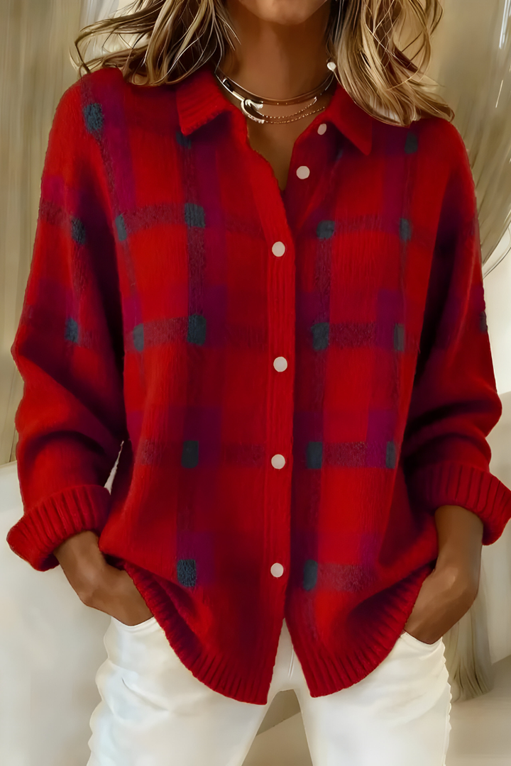 Elise de Paris | Cardigan Classique à Carreaux Femme en Tricot Doux