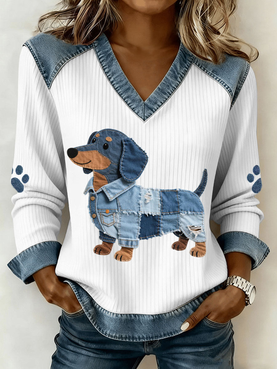 Elise de Paris| Chic Vêtement Femme en Denim avec Patchwork Artistique et Col en V
