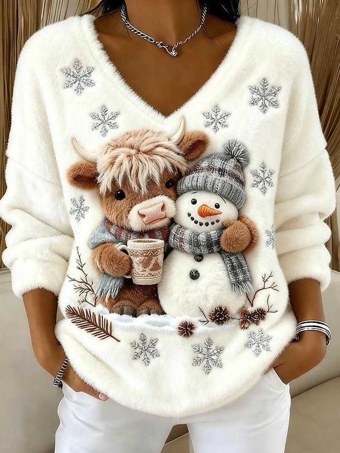 Elise de Paris| Pull Hiver Festif avec Bonhomme de Neige et Col en V