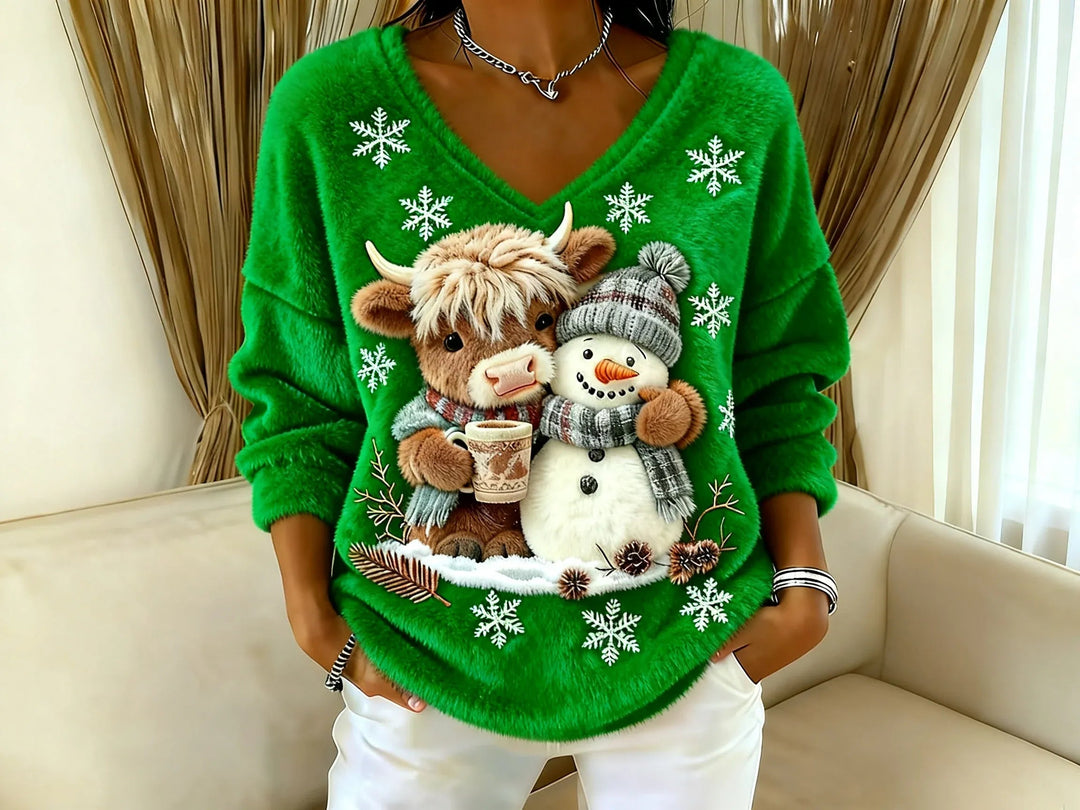 Elise de Paris| Pull Hiver Festif avec Bonhomme de Neige et Col en V