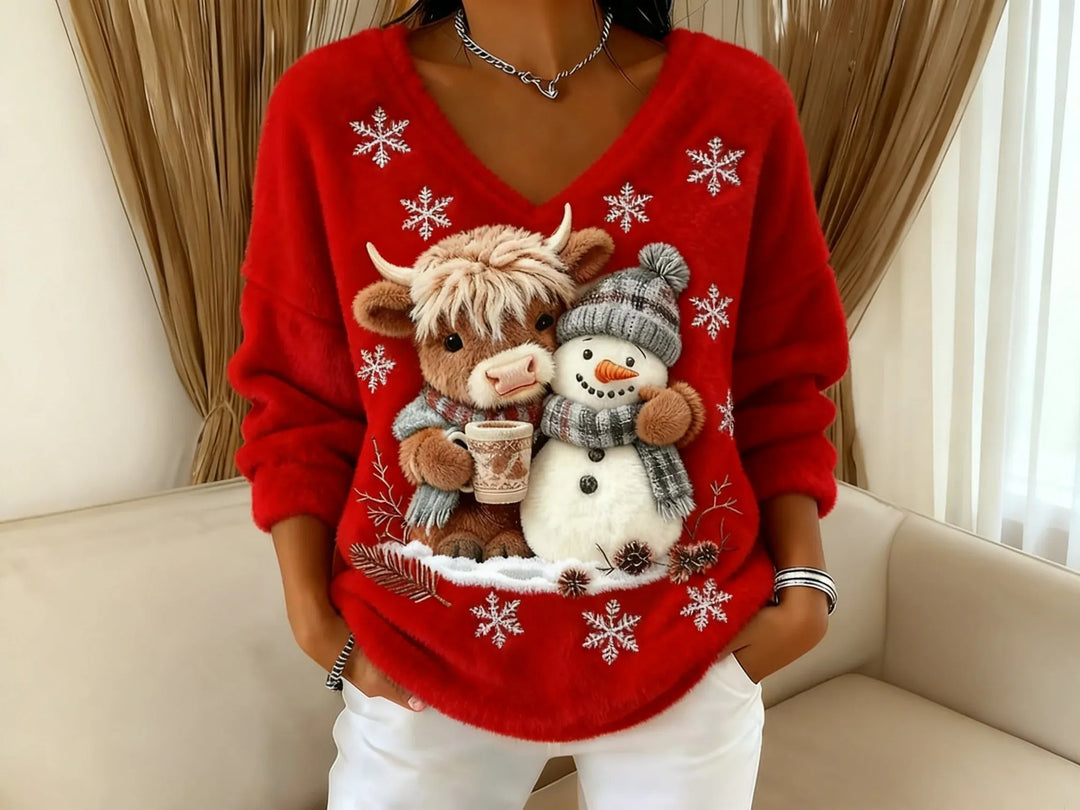 Elise de Paris| Pull Hiver Festif avec Bonhomme de Neige et Col en V
