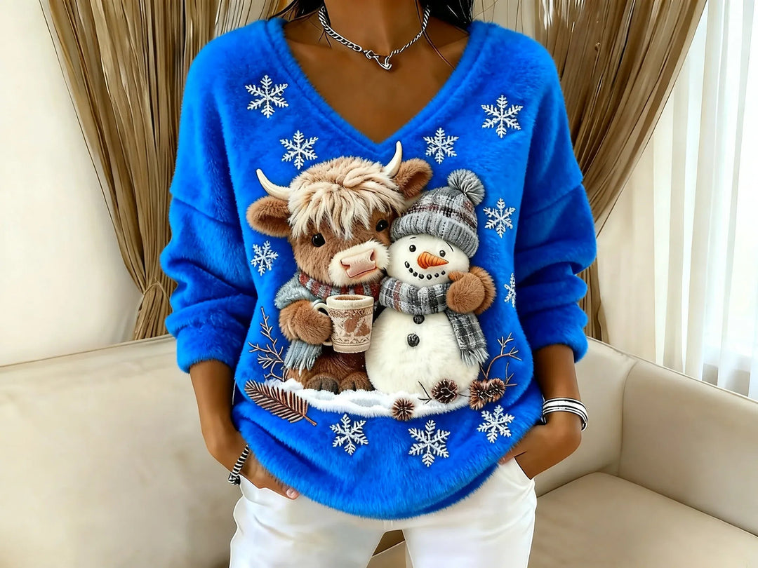 Elise de Paris| Pull Hiver Festif avec Bonhomme de Neige et Col en V