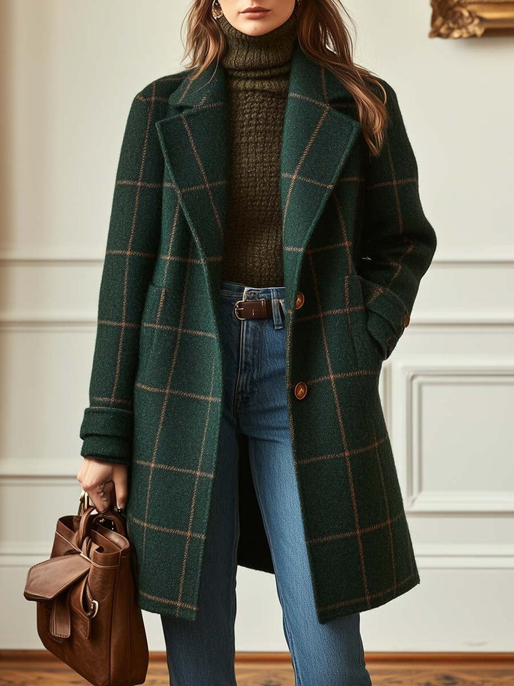 Elise de Paris| Manteau Hiver Femme en Laine à Carreaux, Long et Cintré pour Élégance et Confort