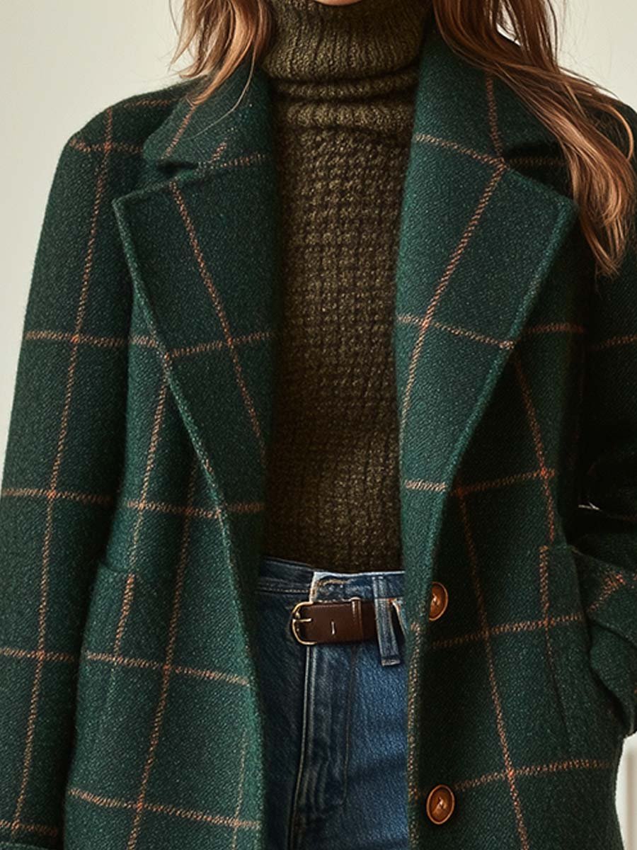 Elise de Paris| Manteau Hiver Femme en Laine à Carreaux, Long et Cintré pour Élégance et Confort