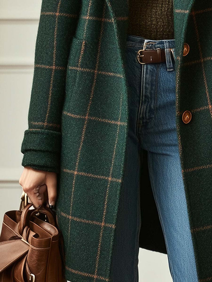 Elise de Paris| Manteau Hiver Femme en Laine à Carreaux, Long et Cintré pour Élégance et Confort