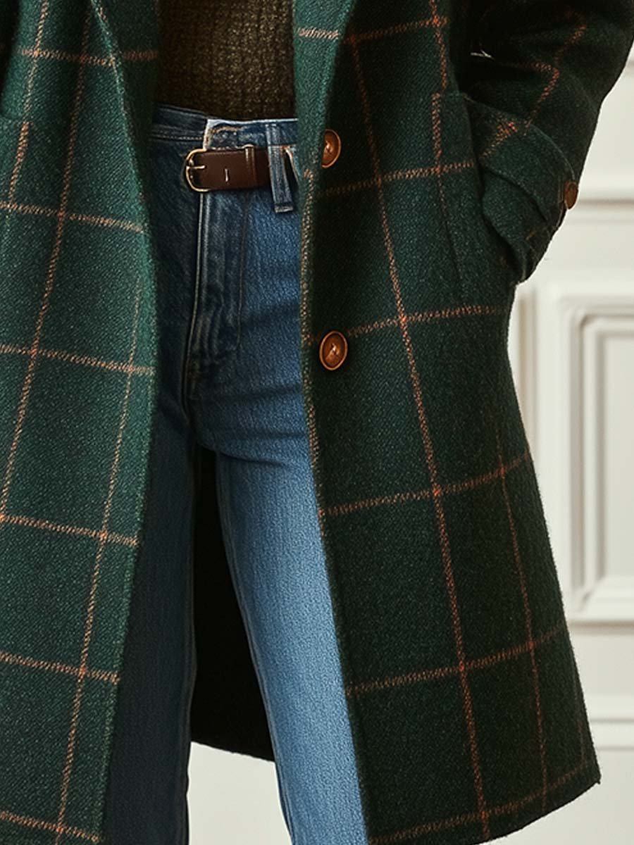 Elise de Paris| Manteau Hiver Femme en Laine à Carreaux, Long et Cintré pour Élégance et Confort