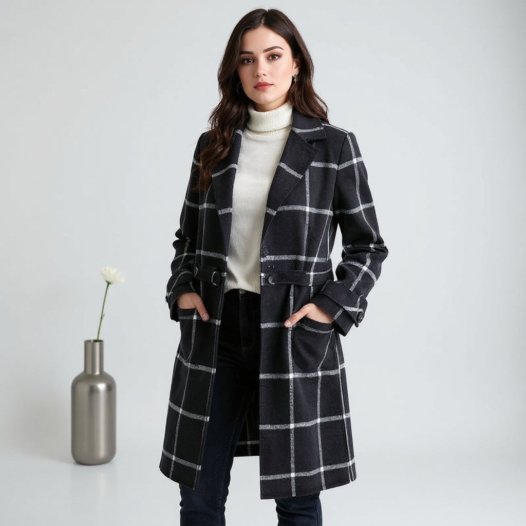 Elise de Paris| Manteau Hiver Femme en Laine à Carreaux, Long et Cintré pour Élégance et Confort