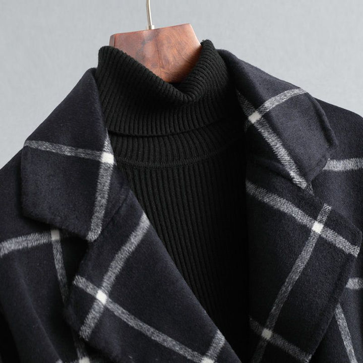 Elise de Paris| Manteau Hiver Femme en Laine à Carreaux, Long et Cintré pour Élégance et Confort