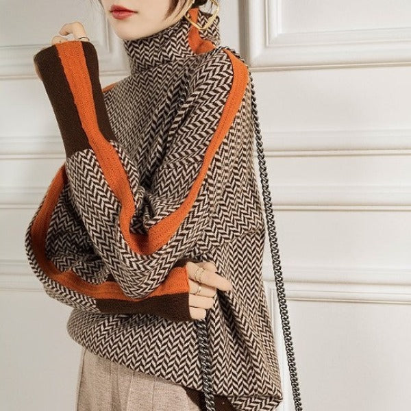 Elise de Paris | Pull Col Montant Femme avec Rayures Contrastées
