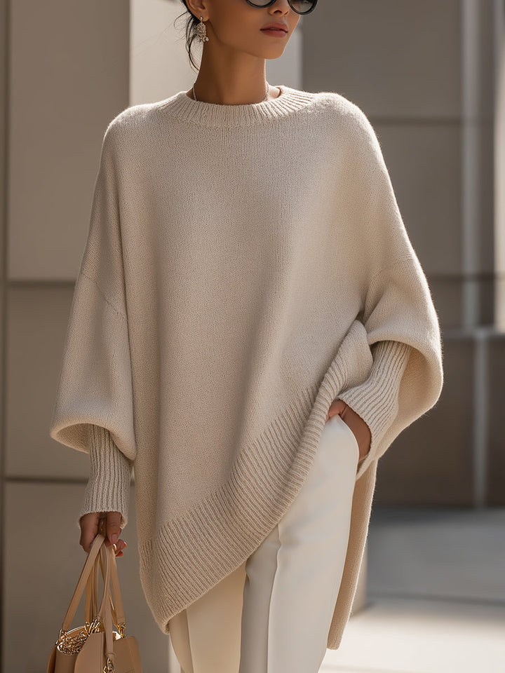 Elise de Paris| Pull en Laine Mélangée Oversize Femme avec Encolure Arrondie et Ourlet Asymétrique