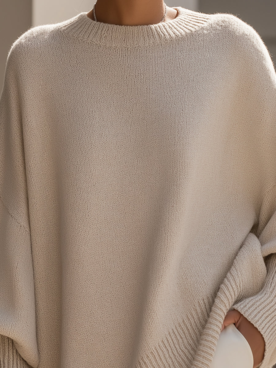 Elise de Paris| Pull en Laine Mélangée Oversize Femme avec Encolure Arrondie et Ourlet Asymétrique