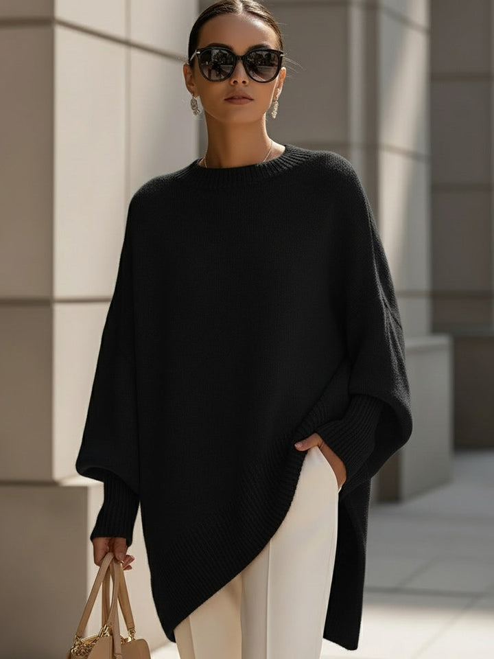 Elise de Paris| Pull en Laine Mélangée Oversize Femme avec Encolure Arrondie et Ourlet Asymétrique