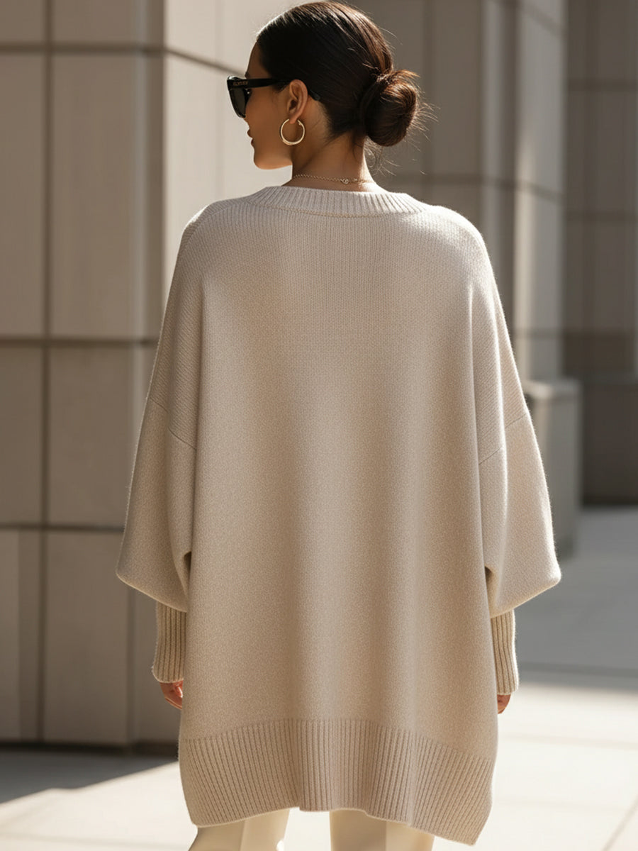 Elise de Paris| Pull en Laine Mélangée Oversize Femme avec Encolure Arrondie et Ourlet Asymétrique