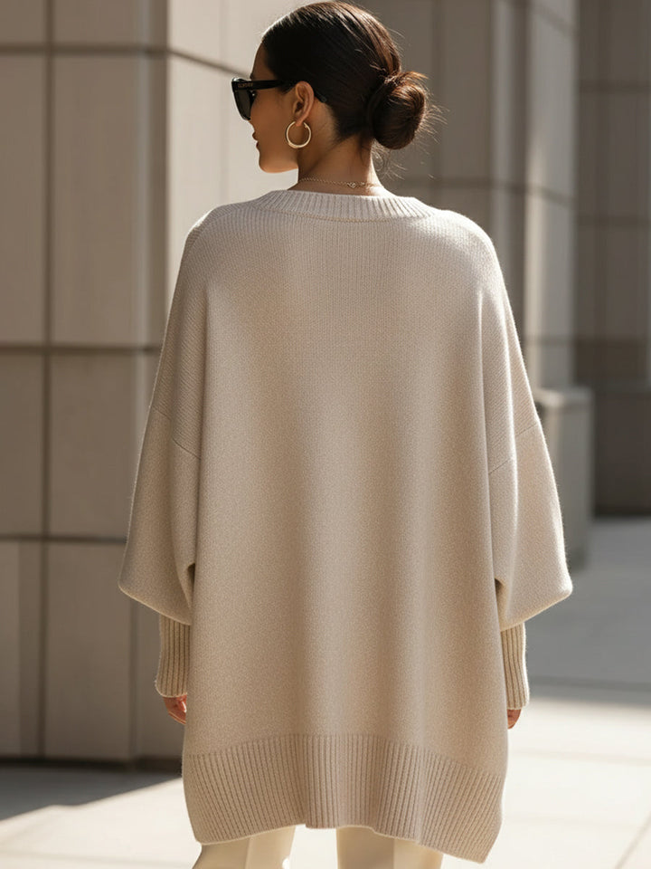 Elise de Paris| Pull en Laine Mélangée Oversize Femme avec Encolure Arrondie et Ourlet Asymétrique