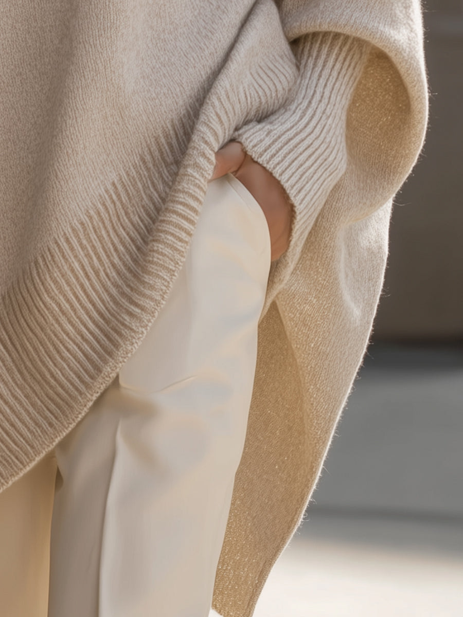 Elise de Paris| Pull en Laine Mélangée Oversize Femme avec Encolure Arrondie et Ourlet Asymétrique