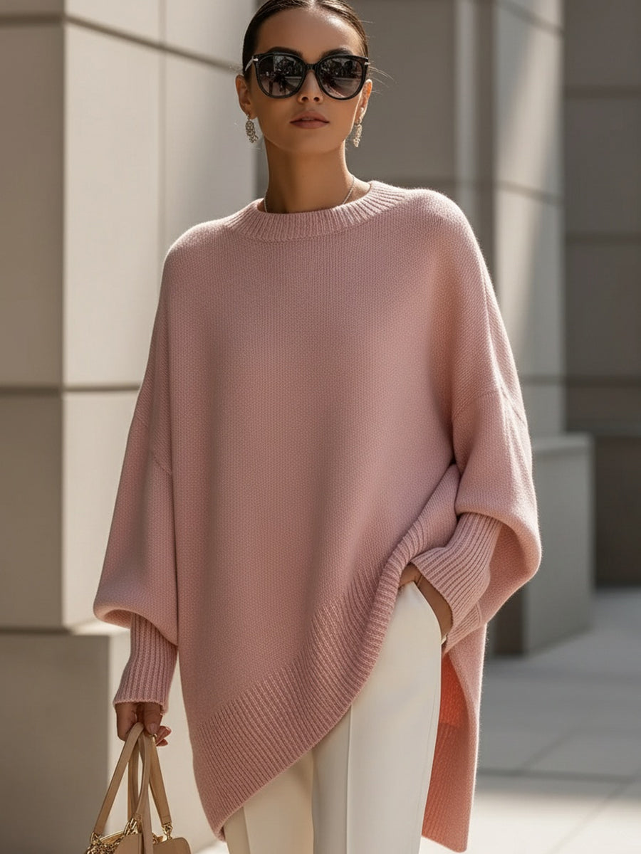 Elise de Paris| Pull en Laine Mélangée Oversize Femme avec Encolure Arrondie et Ourlet Asymétrique