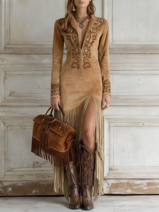 Elise de Paris| Robe Longue Femme Bohème à Franges en Faux Suède