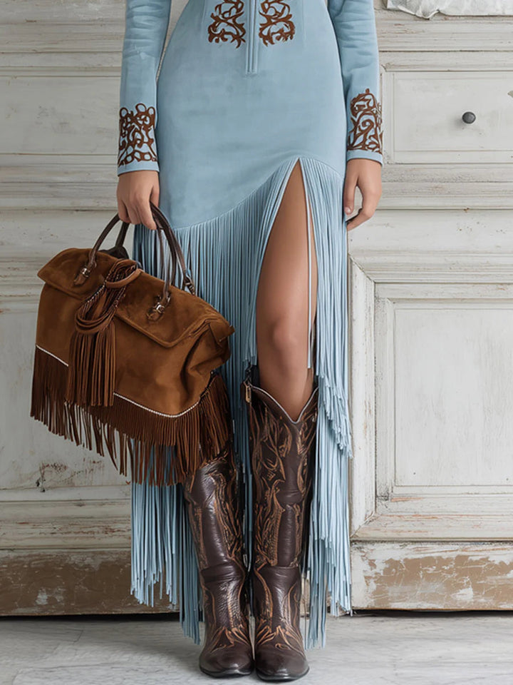Elise de Paris| Robe Longue Femme Bohème à Franges en Faux Suède