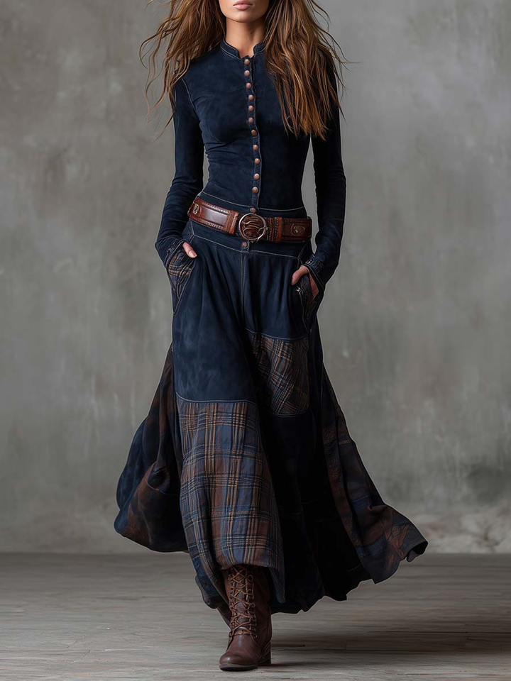 Elise de Paris | Robe Longue Femme Maxi Vintage avec Col Montant et Panneau à Carreaux
