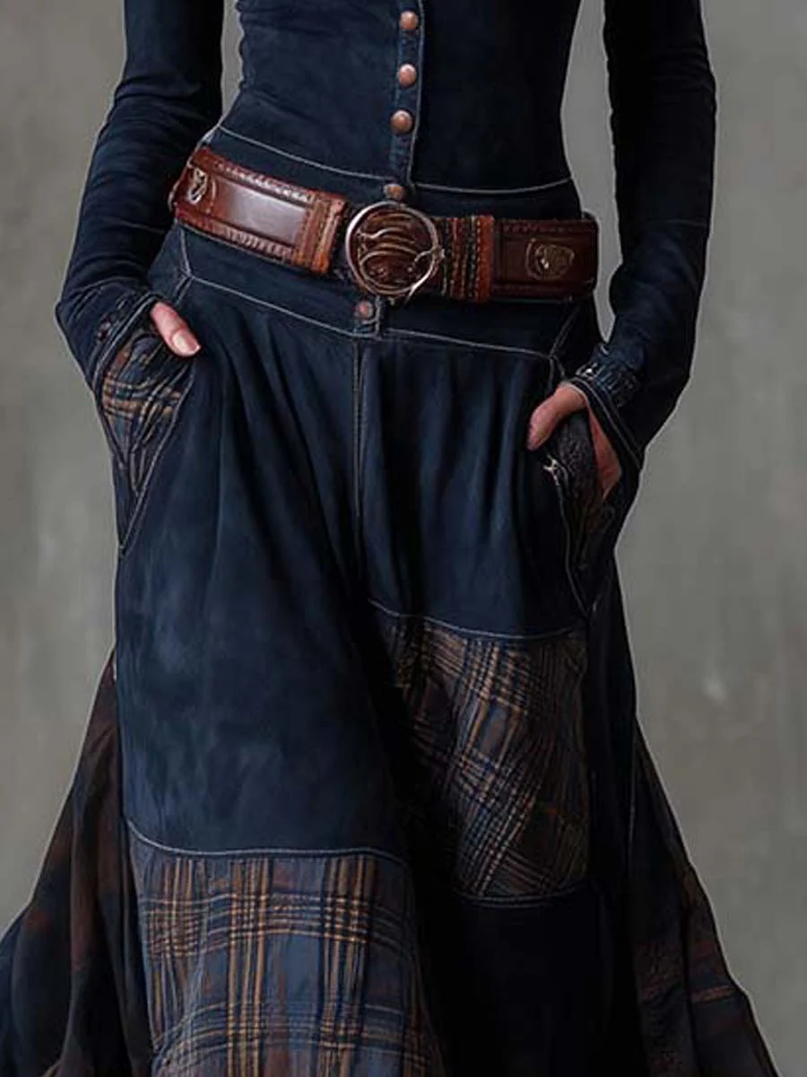 Elise de Paris | Robe Longue Femme Maxi Vintage avec Col Montant et Panneau à Carreaux