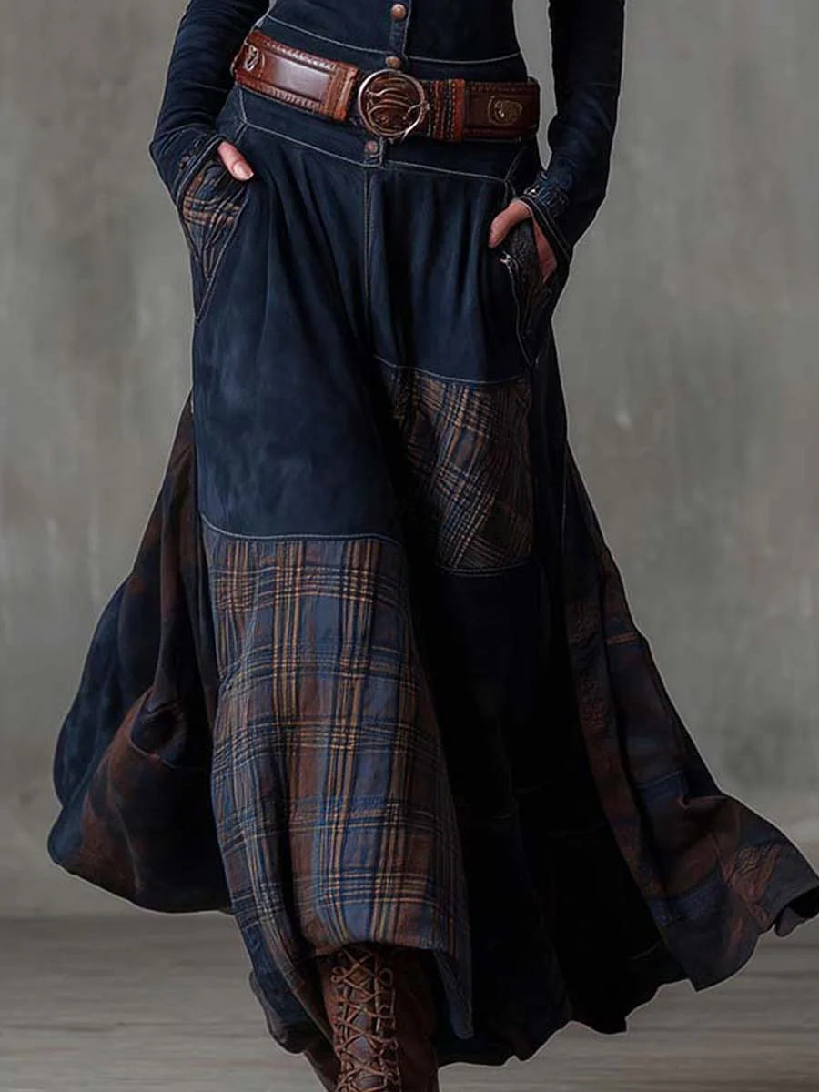 Elise de Paris | Robe Longue Femme Maxi Vintage avec Col Montant et Panneau à Carreaux