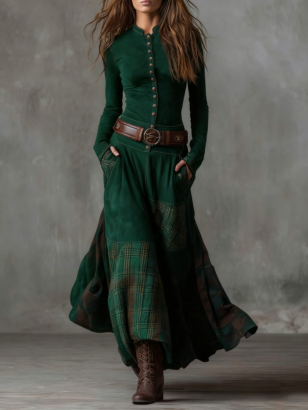 Elise de Paris | Robe Longue Femme Maxi Vintage avec Col Montant et Panneau à Carreaux