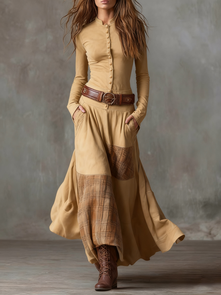 Elise de Paris | Robe Longue Femme Maxi Vintage avec Col Montant et Panneau à Carreaux