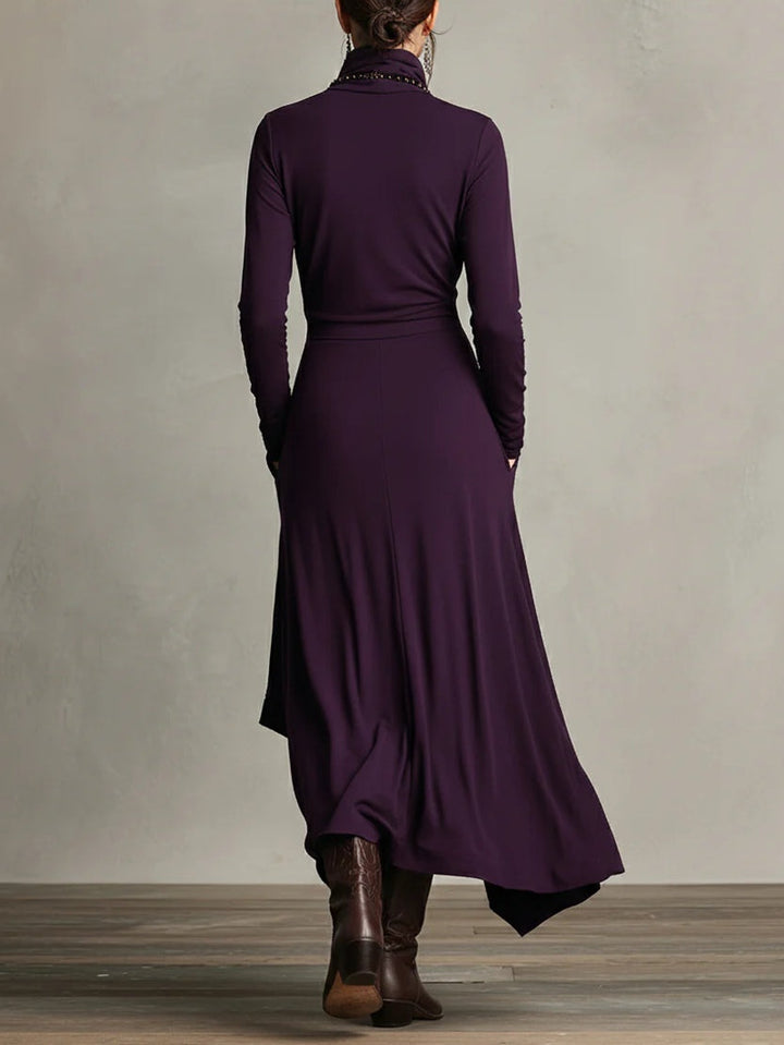 Elise de Paris | Robe Longue Femme Plissée Asymétrique avec Col Haut et Manches Longues