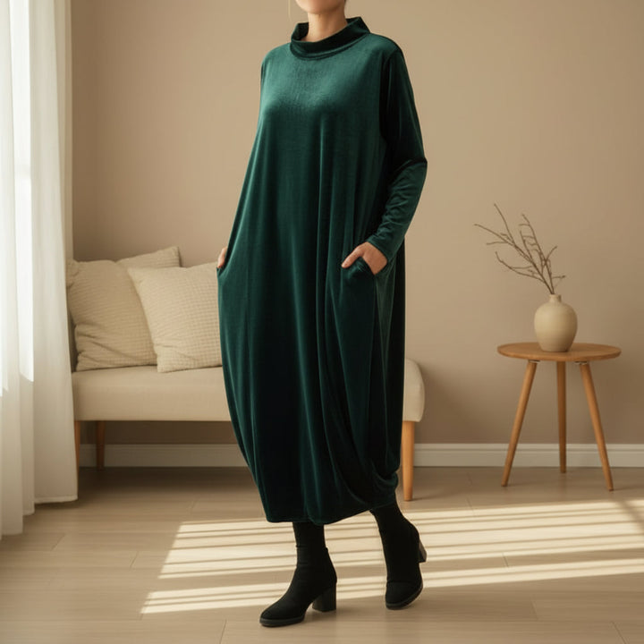 Elise de Paris| Robe Longue Femme en Velours Polyester avec Col Montant et Poches Latérales