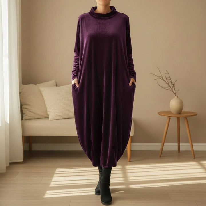 Elise de Paris| Robe Longue Femme en Velours Polyester avec Col Montant et Poches Latérales