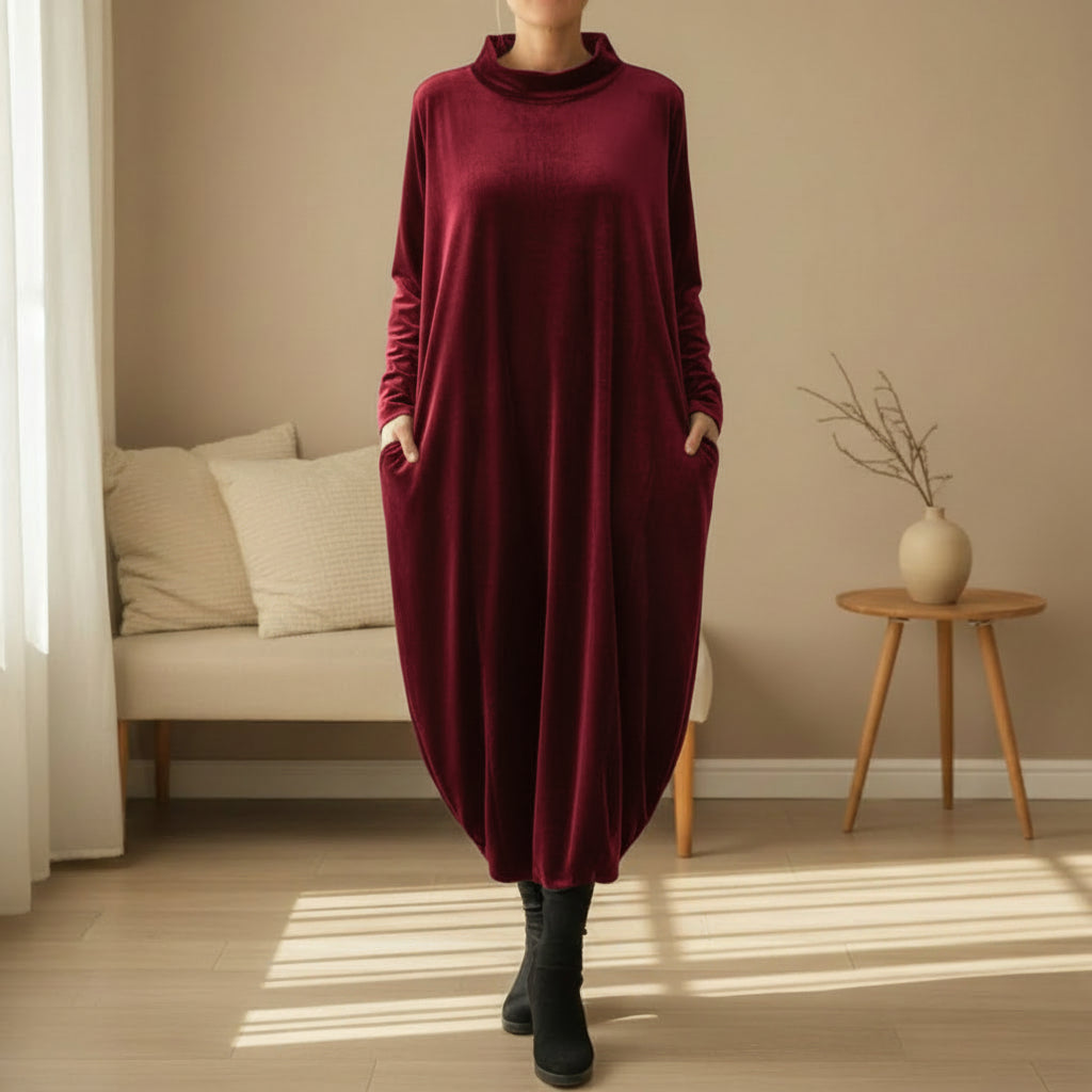 Elise de Paris| Robe Longue Femme en Velours Polyester avec Col Montant et Poches Latérales