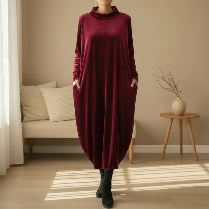 Elise de Paris| Robe Longue Femme en Velours Polyester avec Col Montant et Poches Latérales