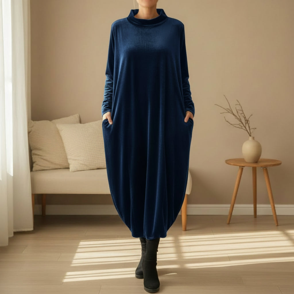 Elise de Paris| Robe Longue Femme en Velours Polyester avec Col Montant et Poches Latérales