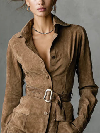 Elise de Paris| Robe Midi Femme Élégante à Manches Longues avec Col à Revers