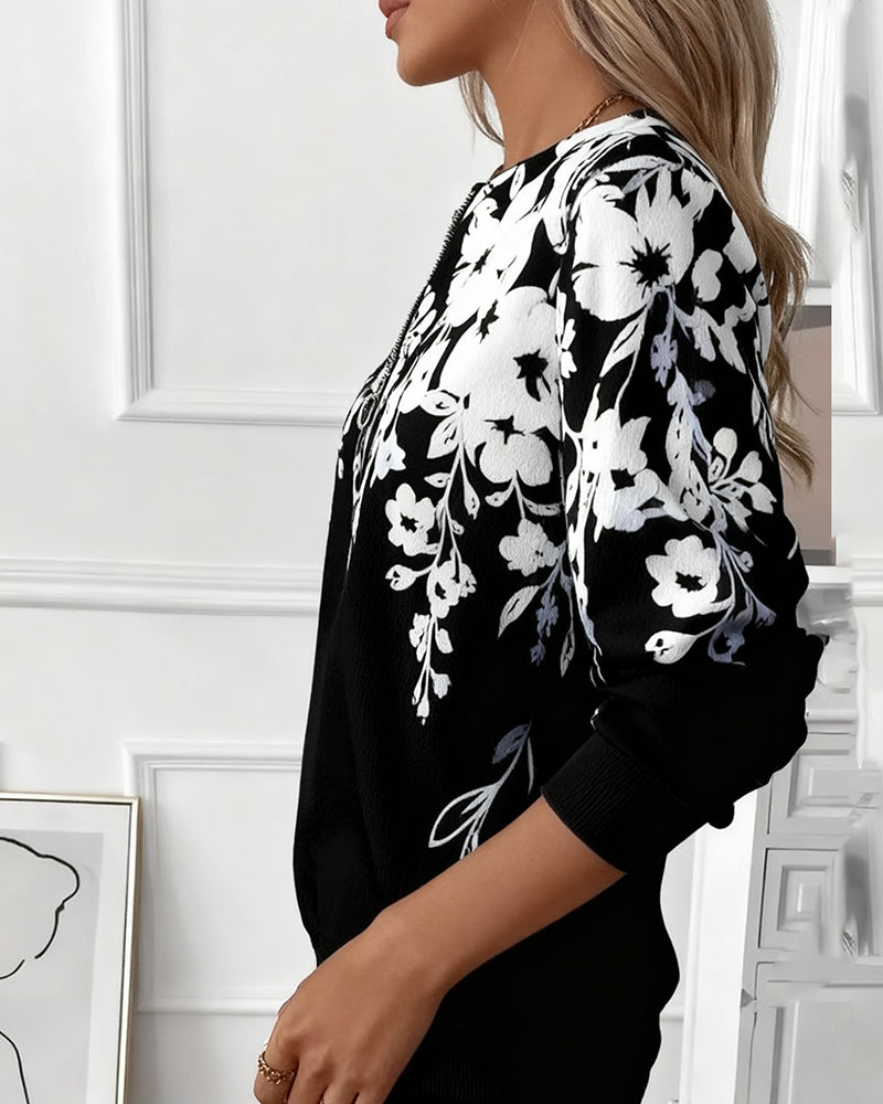Elise de Paris | Sweatshirt Zippé Femme Floral à Demi-Zip