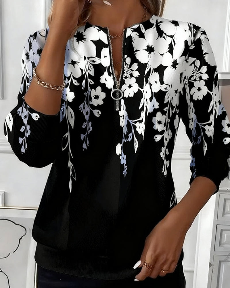 Elise de Paris | Sweatshirt Zippé Femme Floral à Demi-Zip